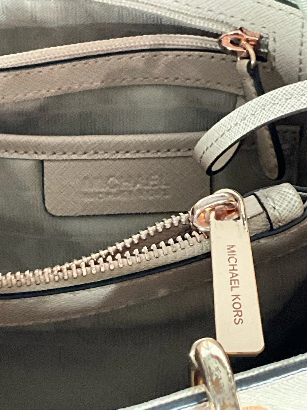 Michael Kors Cynthia Satchel Taupe Saffiano Leather Rose Gold Crossbody